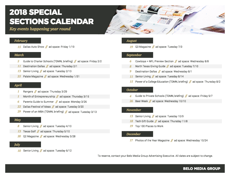 2018 Special Sections Calendar